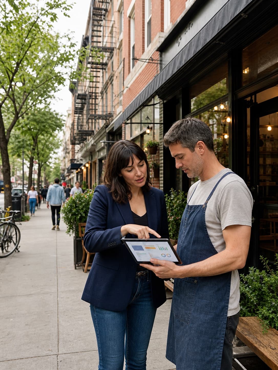 Marketing consultant meeting an independent shop owner in New York City