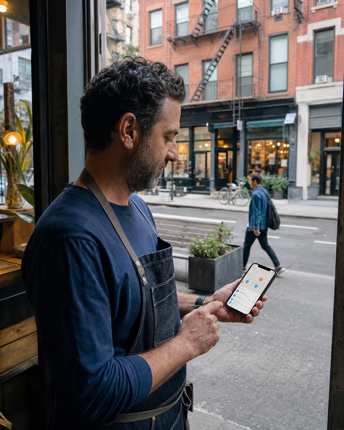 New York storefront owner checking local search visibility on a phone