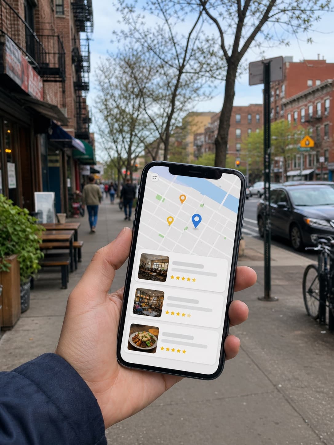 Near me mobile search used on a New York neighborhood street