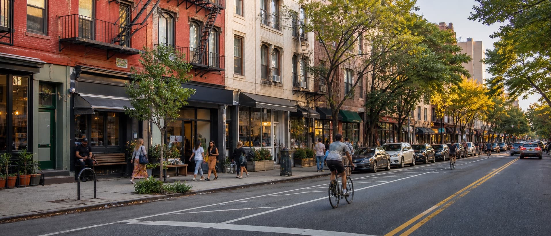 Independent storefronts along an active New York neighborhood corridor