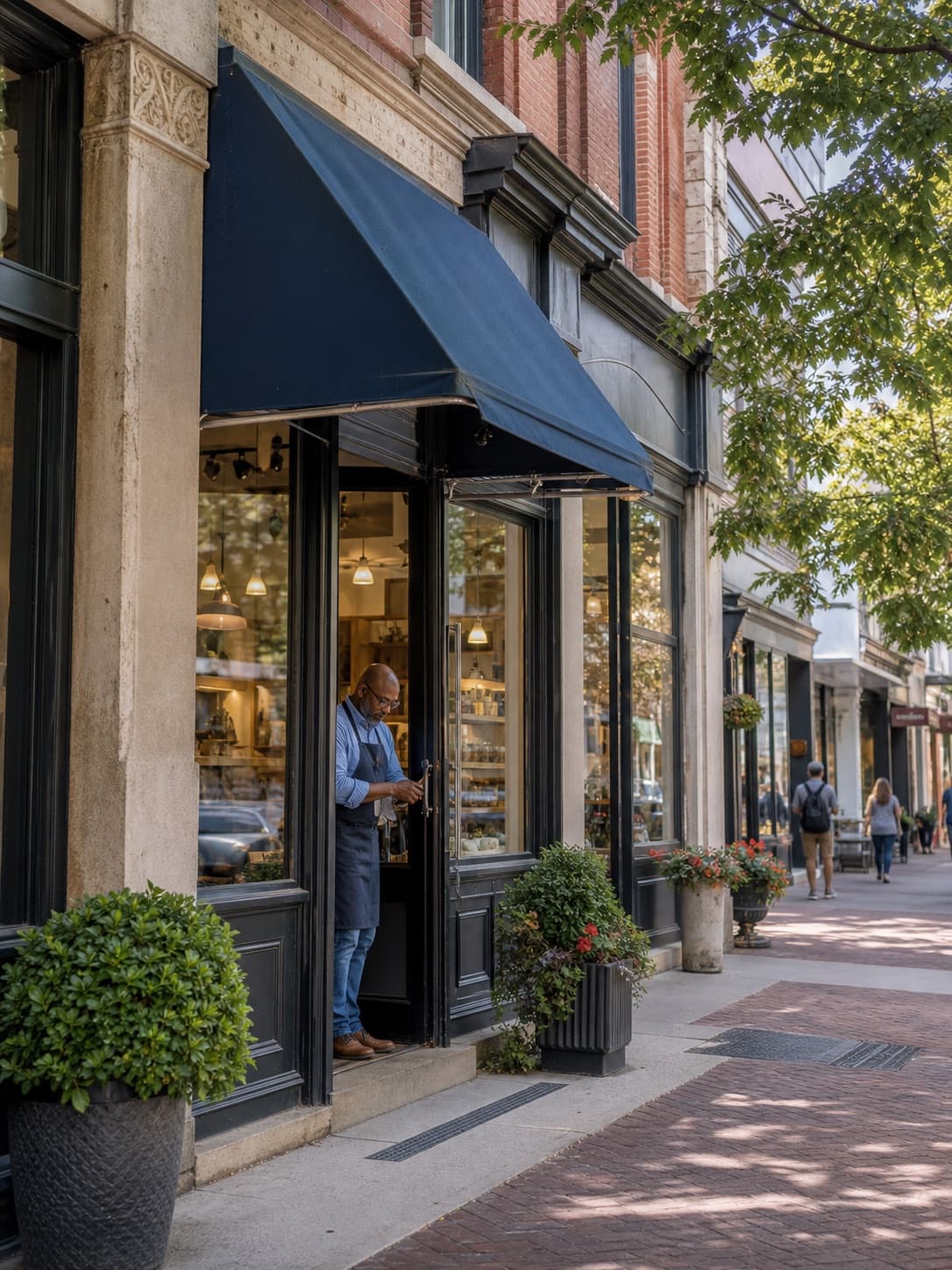 Independent storefront opening for the day on Market Street in Wilmington