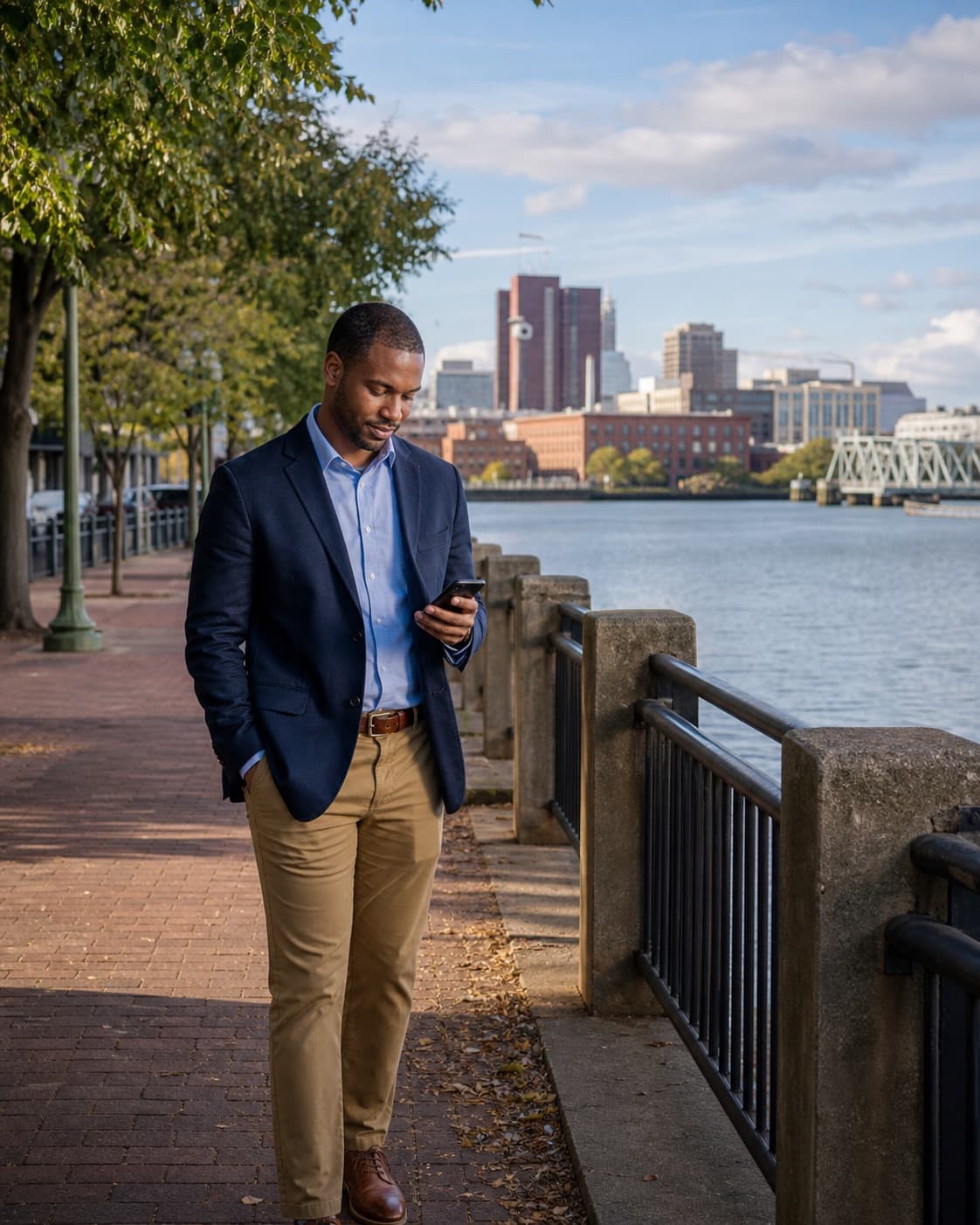 Wilmington business owner using a phone along the Christina Riverfront