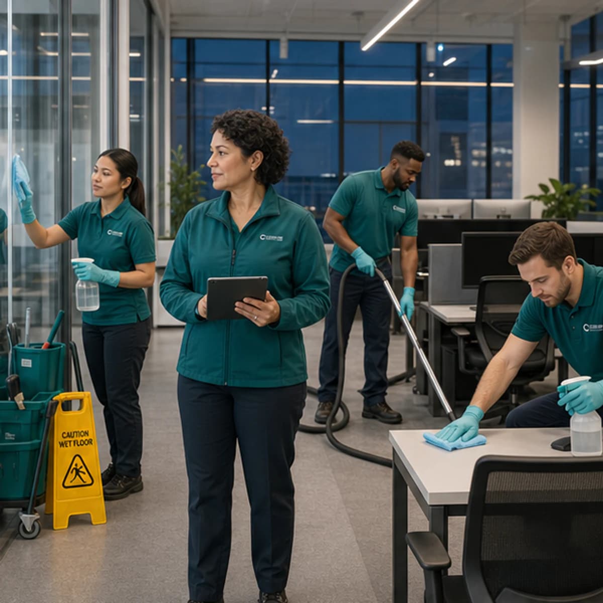 Commercial cleaning crew servicing a modern office