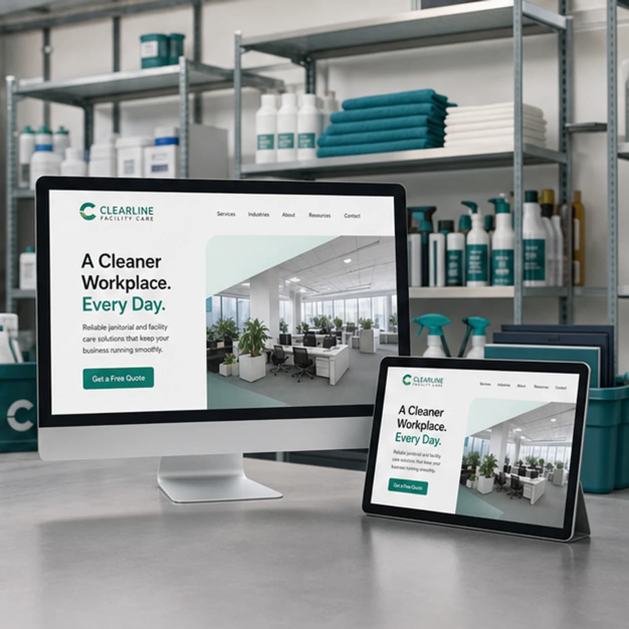 Clearline Facility Care website displayed on a desktop monitor and tablet