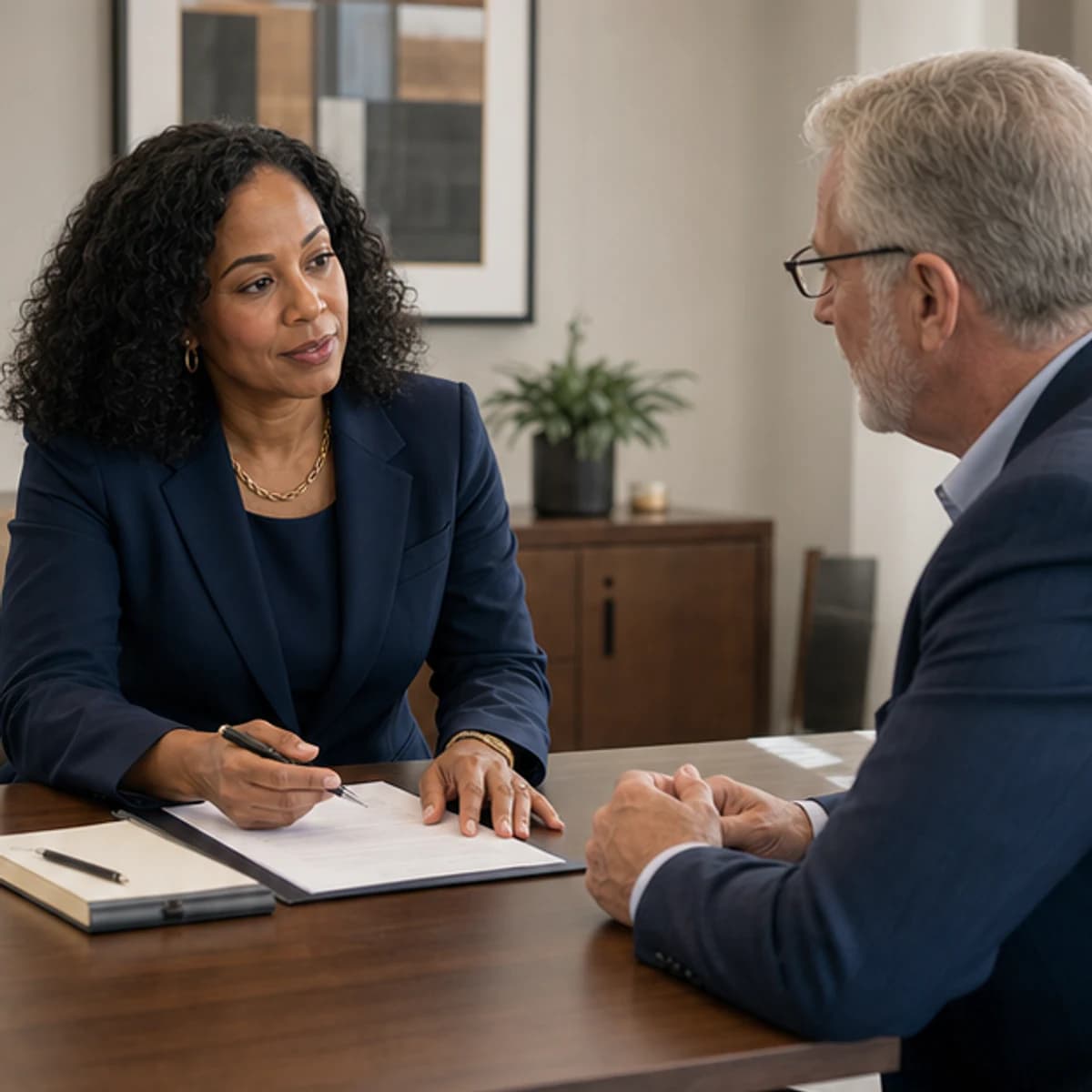 Attorney meeting with a client across a conference table