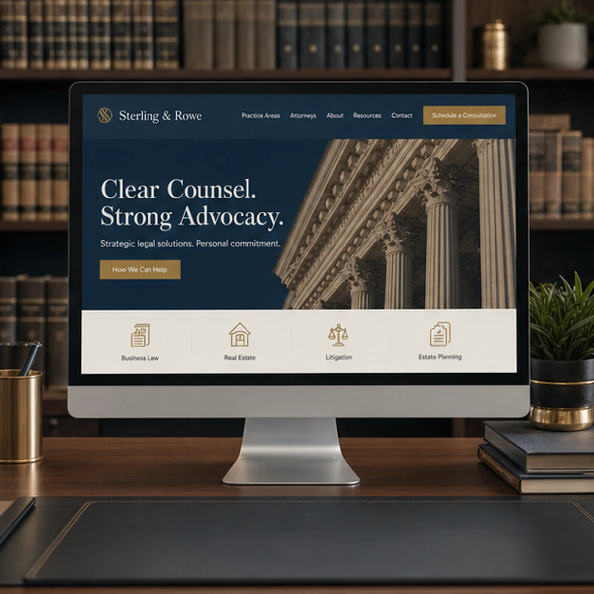 Sterling and Rowe law firm website displayed on a desktop monitor
