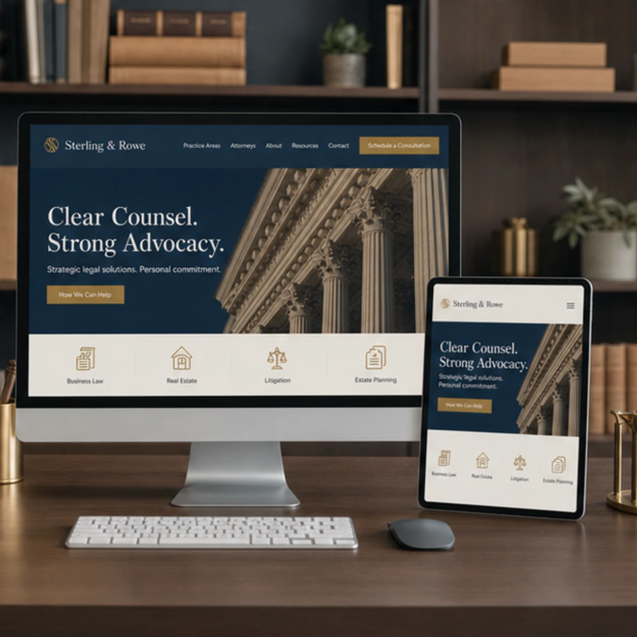 Sterling and Rowe website displayed on a desktop monitor and tablet