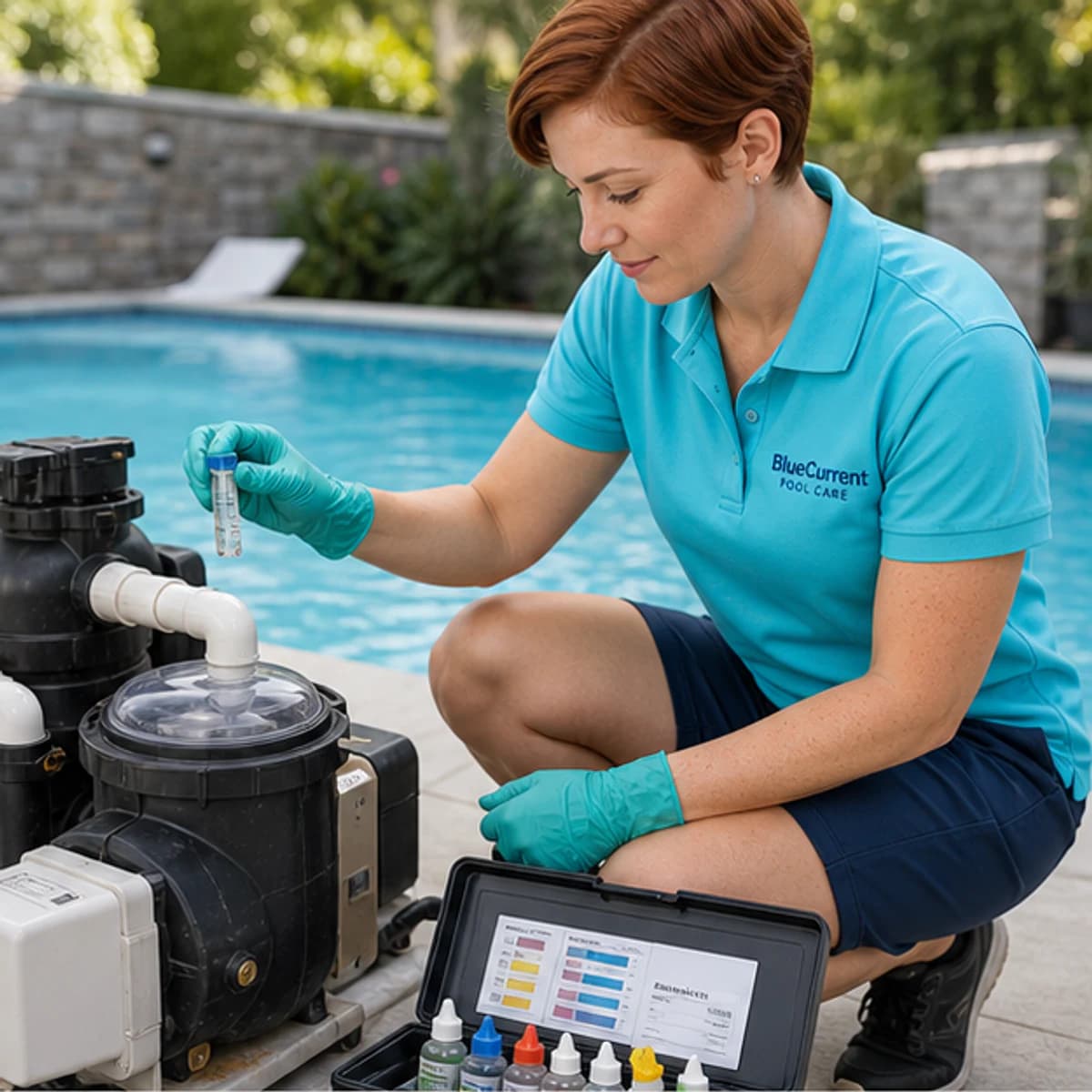 Pool technician testing water chemistry beside the pump system