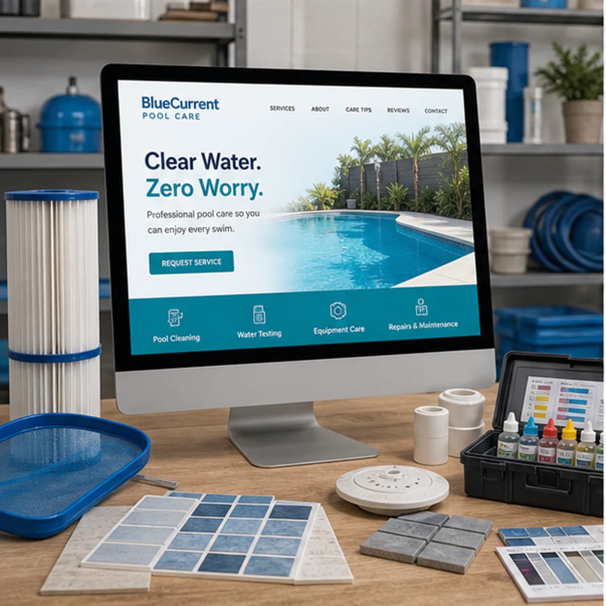 BlueCurrent Pool Care website displayed on a desktop monitor