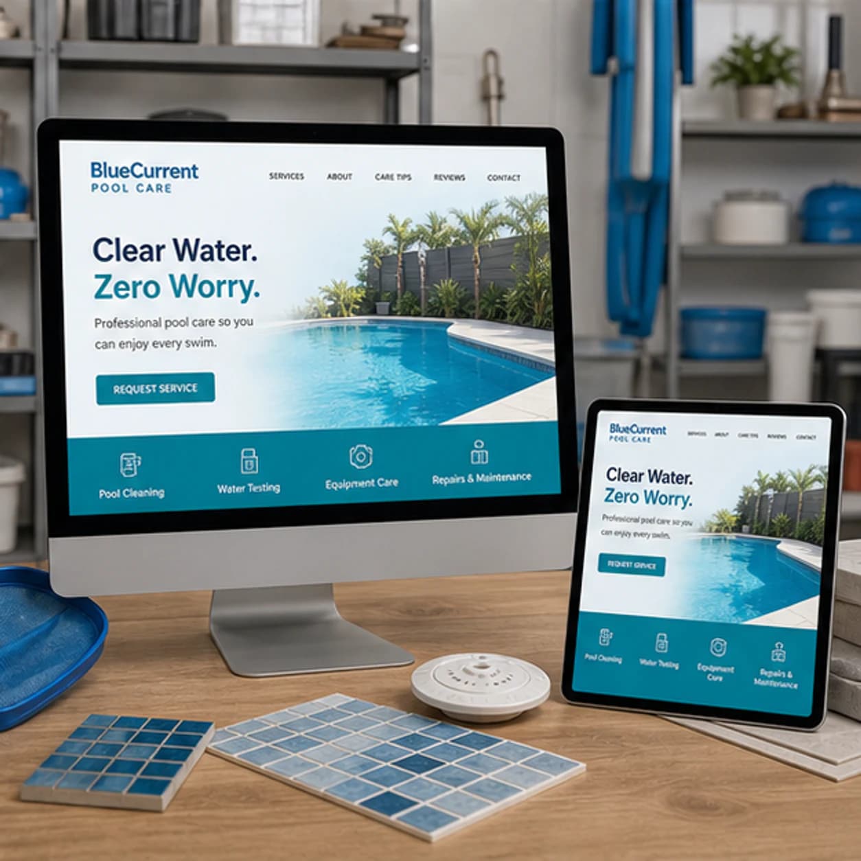 BlueCurrent Pool Care website displayed on a desktop monitor and tablet
