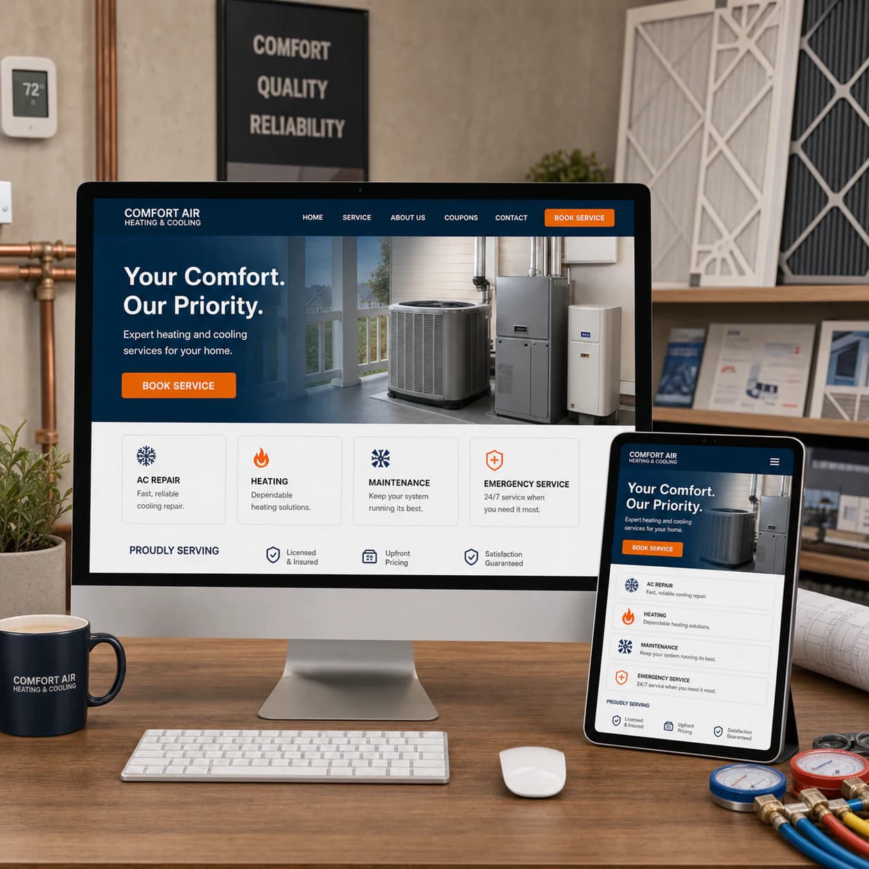 Responsive HVAC website design shown across desktop and tablet