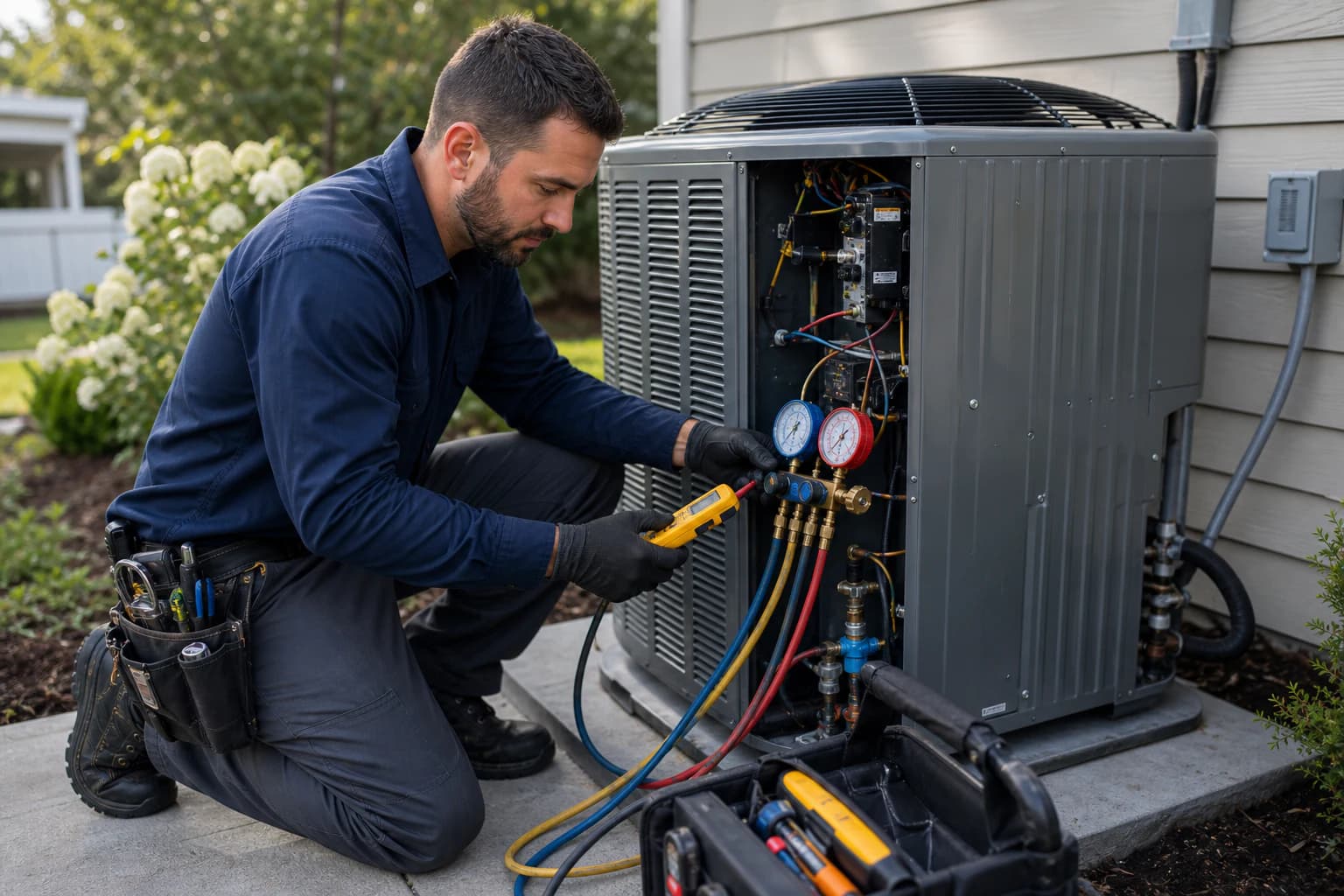 HVAC technician servicing a residential outdoor air-conditioning condenser