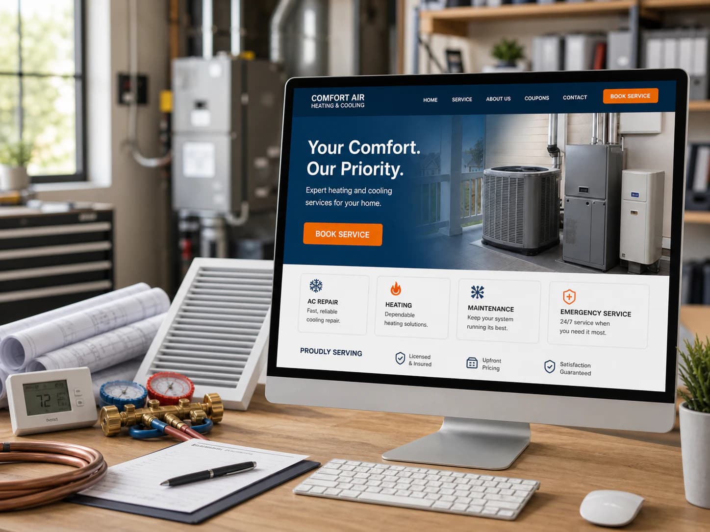 HVAC company website displayed on a desktop monitor in a contractor office