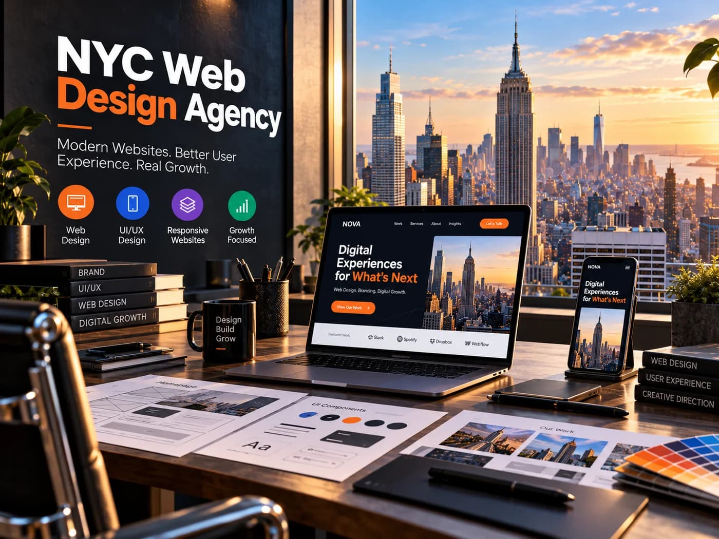 NYC web design agency studio with a new website on a laptop and phone above the Manhattan skyline