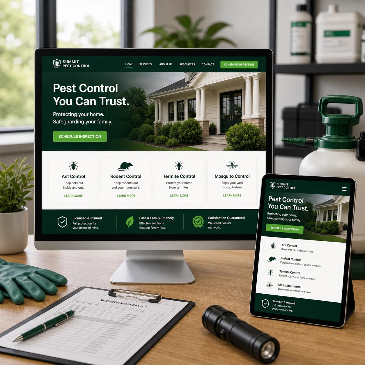 Responsive pest control website design shown across desktop and tablet