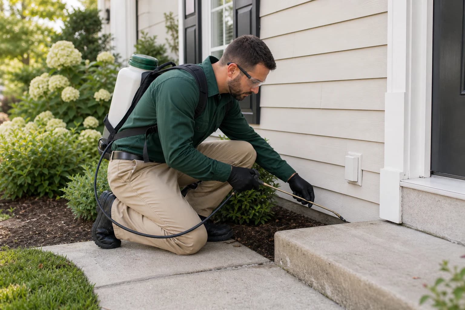 Pest control technician applying a targeted exterior treatment around a family home
