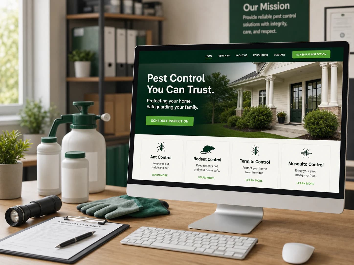 Pest control company website displayed on a desktop monitor