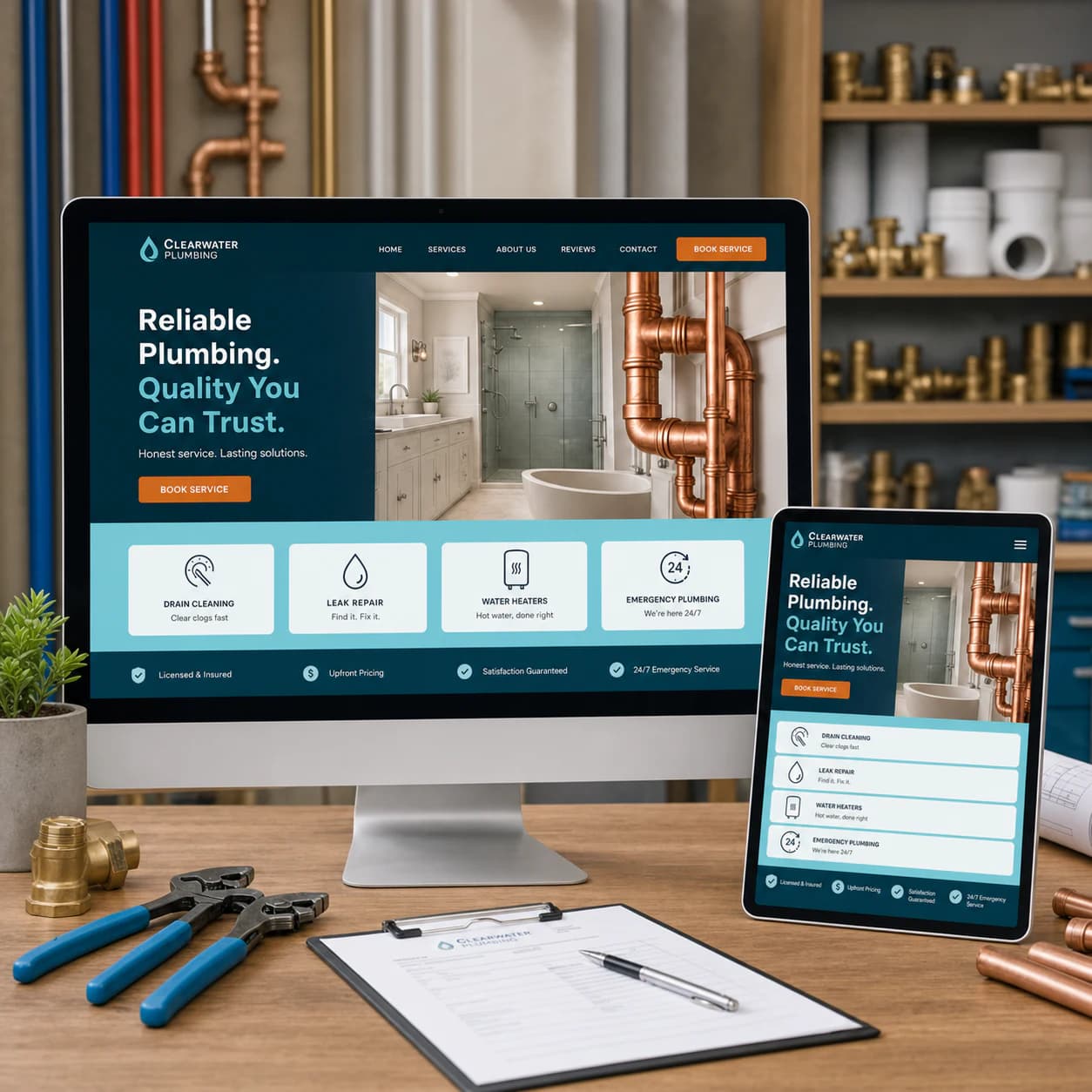Responsive plumbing website design shown across desktop and tablet