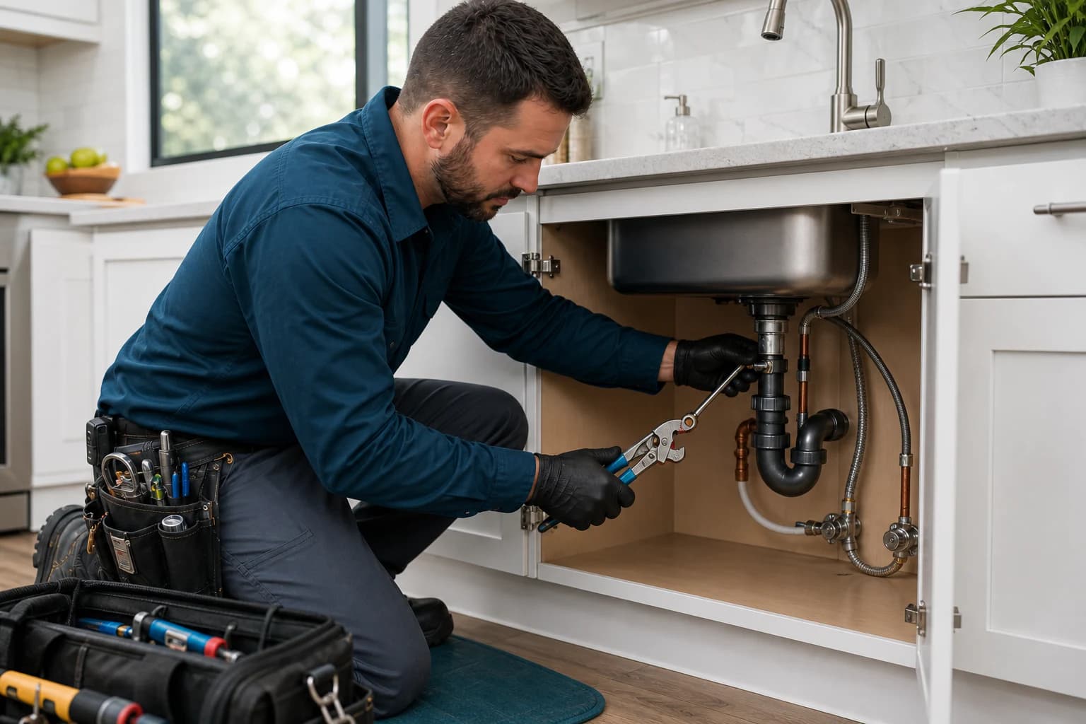 Plumber repairing the drain and supply connections beneath a modern kitchen sink