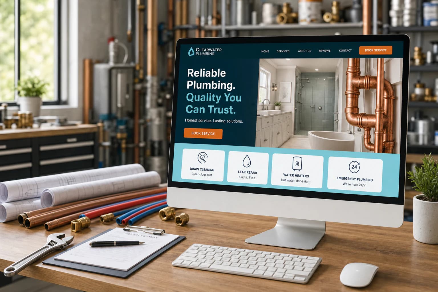 Plumbing company website displayed on a desktop monitor