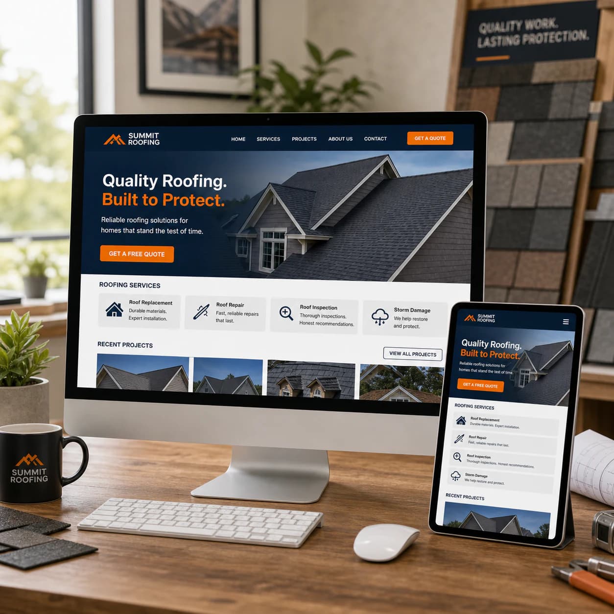 Responsive roofing website design shown across desktop and tablet