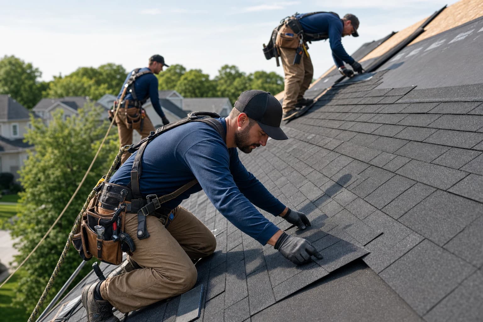Roofing crew installing architectural shingles on a residential roof