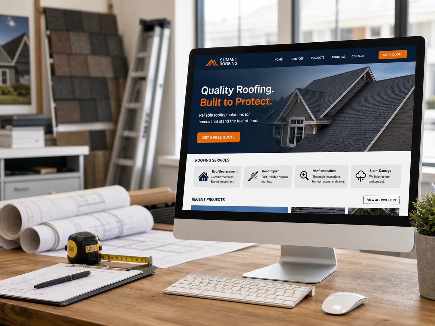 Roofing company website displayed on a desktop monitor in a contractor office