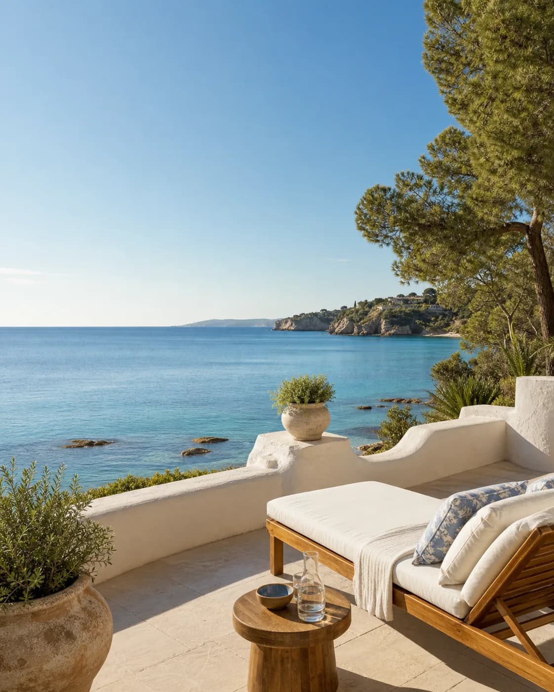 Boutique coastal resort terrace overlooking calm blue water