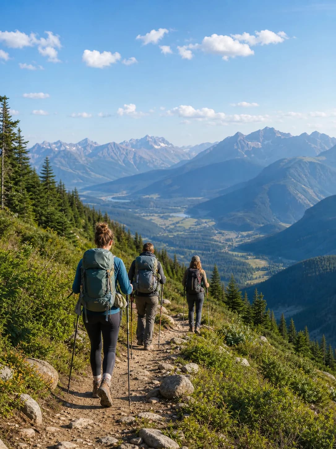 Hikers following a mountain trail above a wide valley