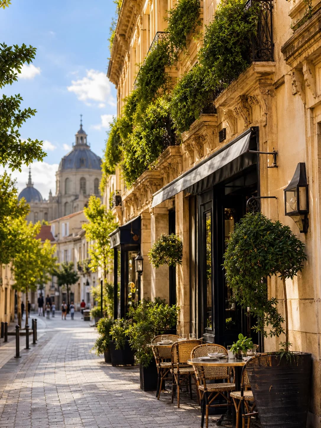 Sunny walkable city street with cafe tables and boutique hotel facade