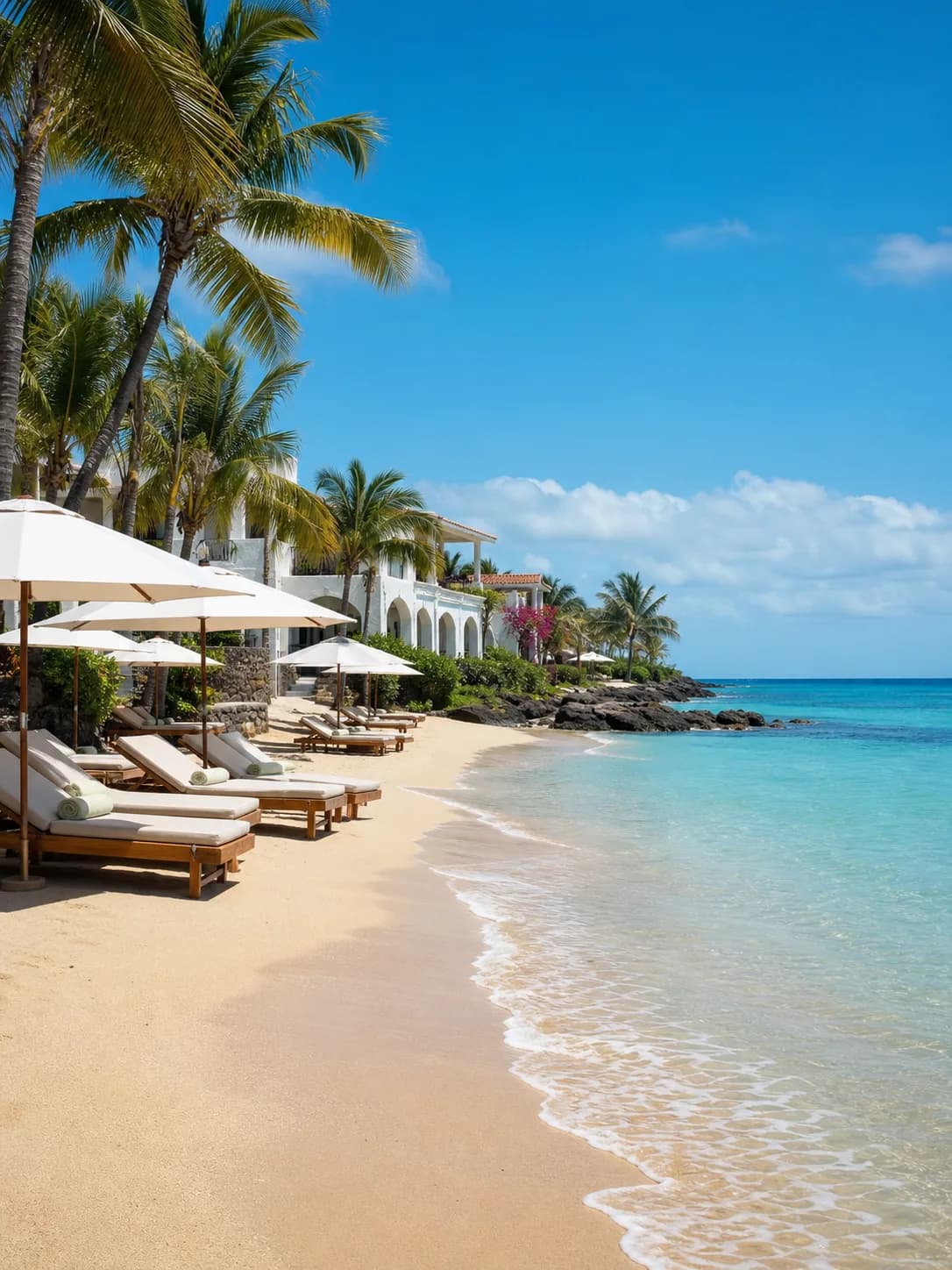Beachfront coastal resort with palms and lounge chairs