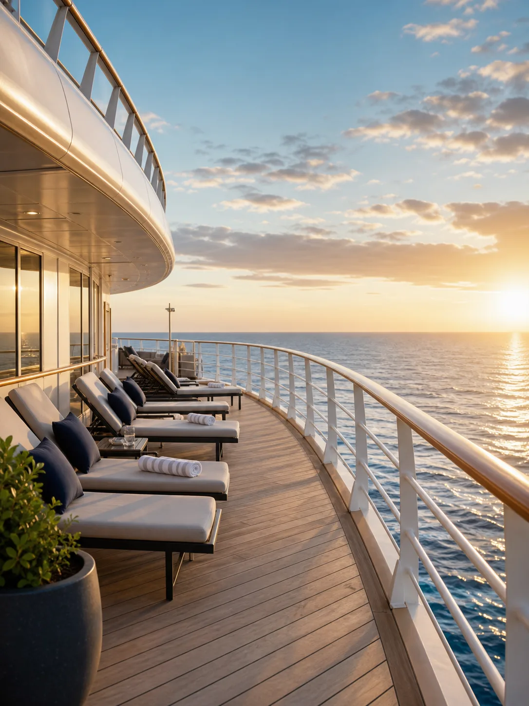 Cruise ship deck with lounge chairs overlooking the ocean at sunset