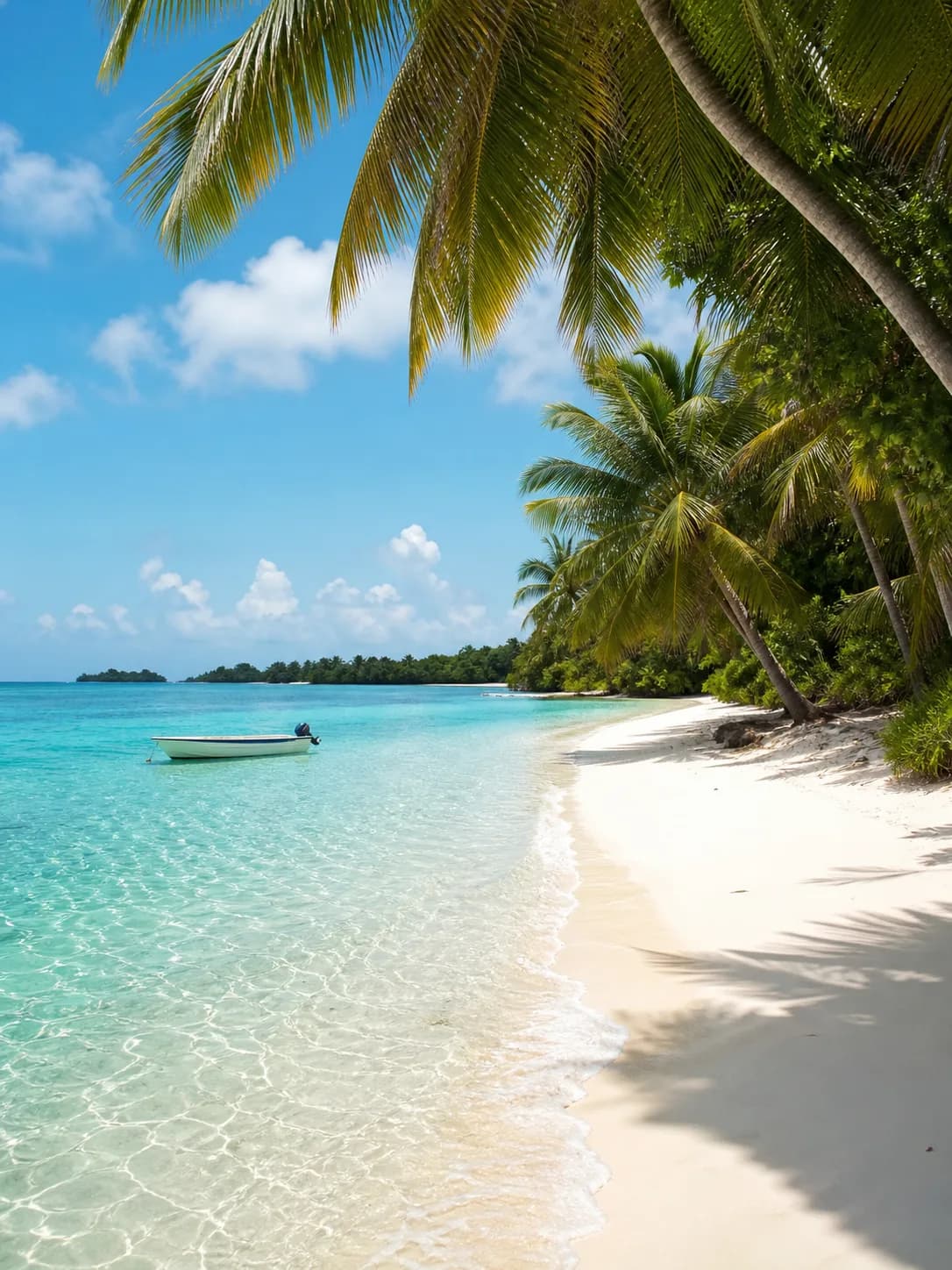 Quiet tropical island shoreline with clear water and palm trees
