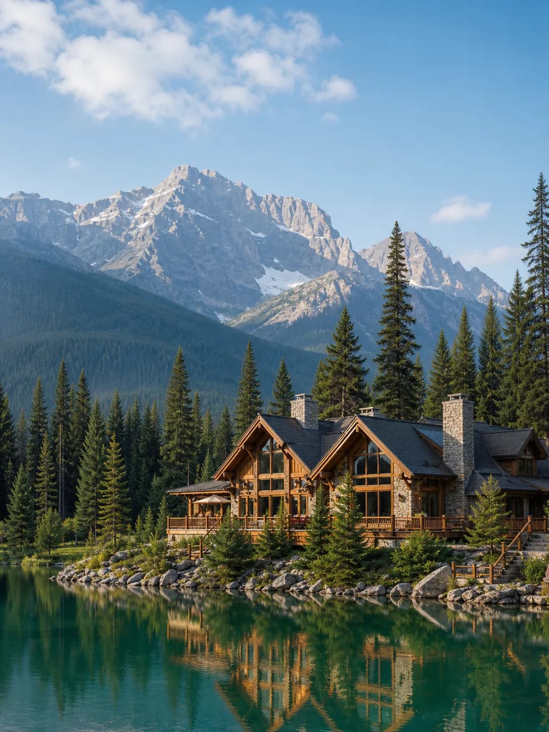 Mountain lodge beside an alpine lake and evergreen forest