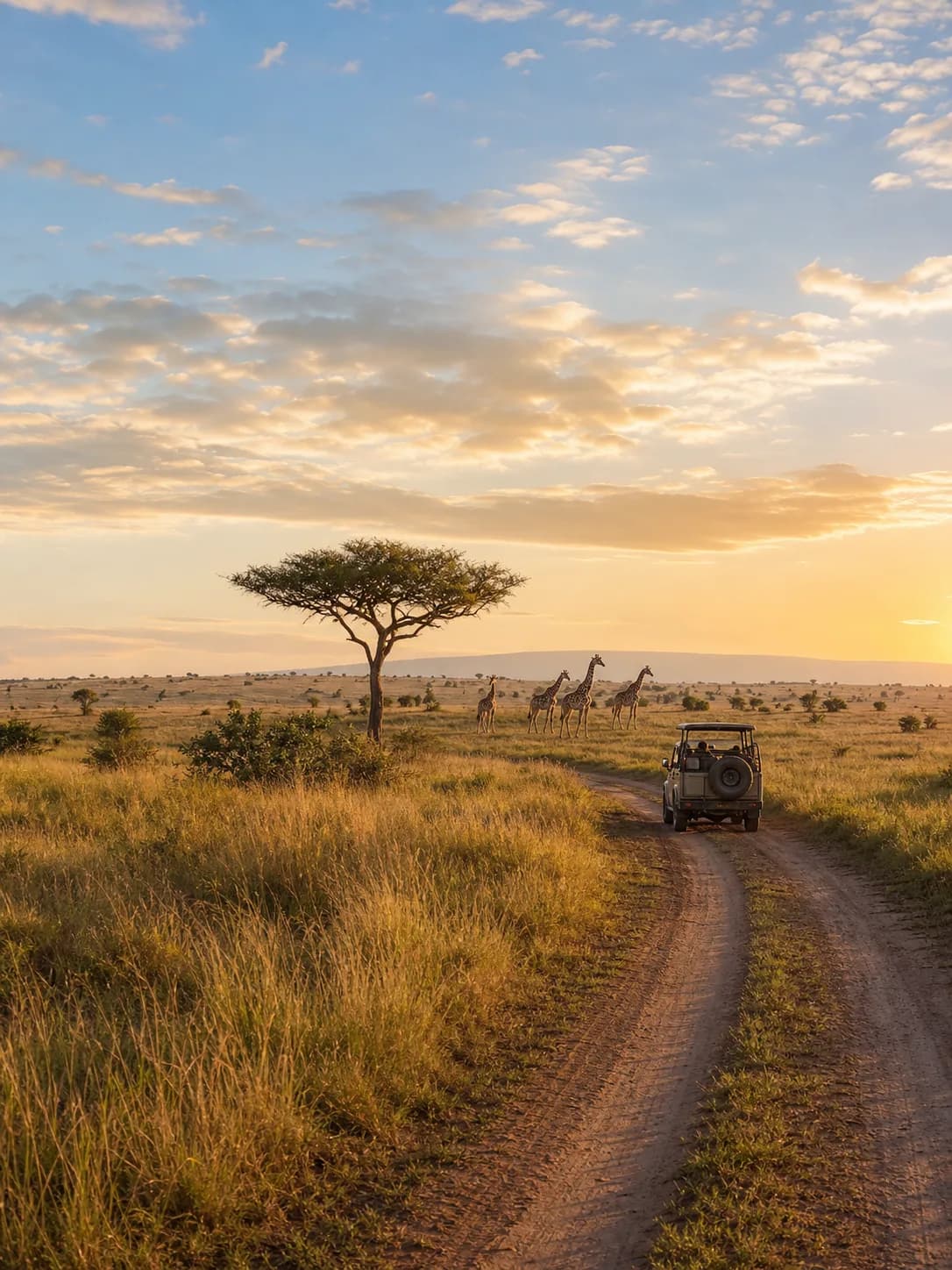 Safari vehicle on a savanna track with giraffes in the distance