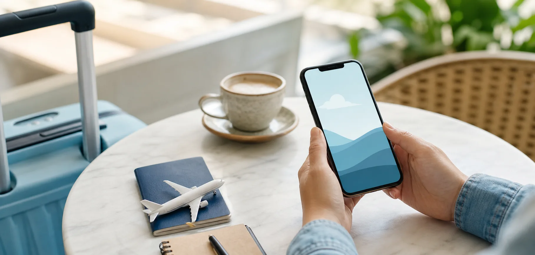 Traveler booking a trip direct on a smartphone beside luggage and coffee