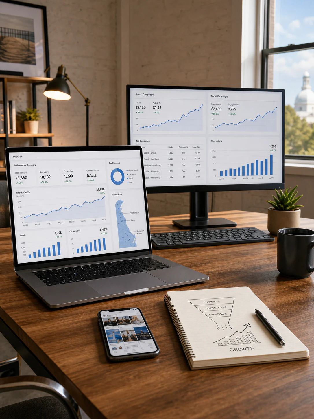 Digital marketing agency workstation displaying campaign growth analytics