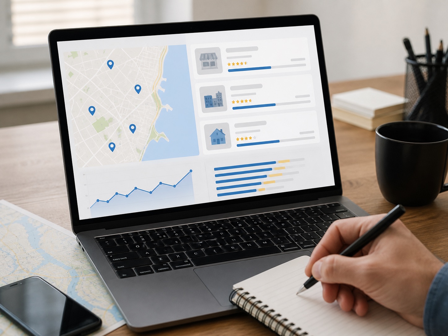 Local search map rankings and visibility dashboard on a laptop