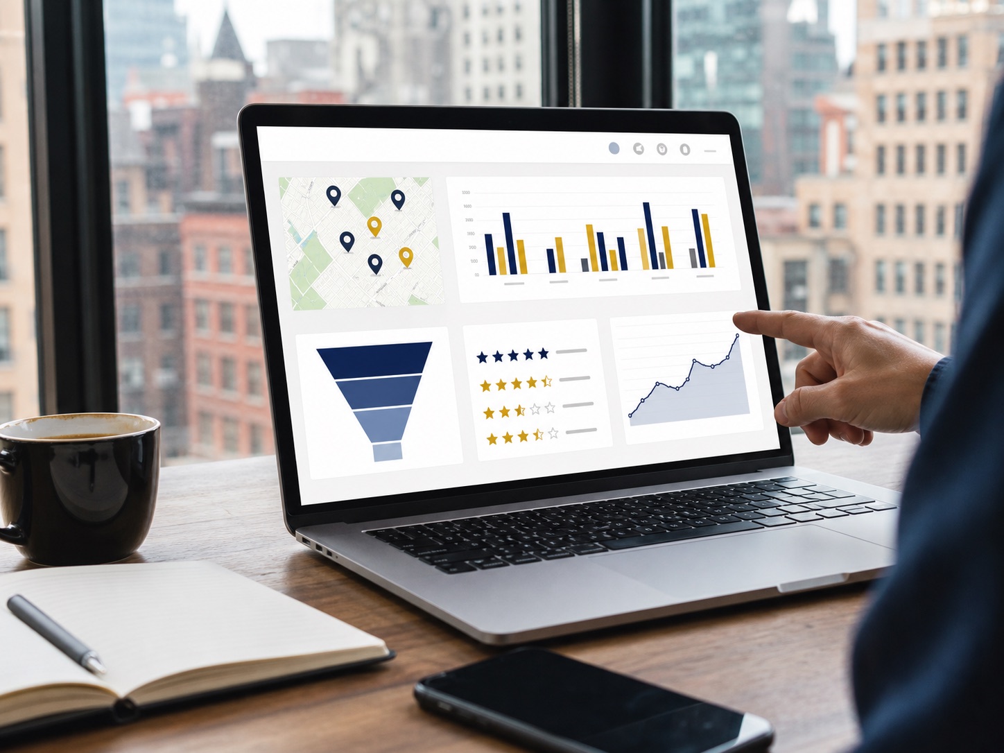 Multichannel local marketing performance dashboard on a laptop