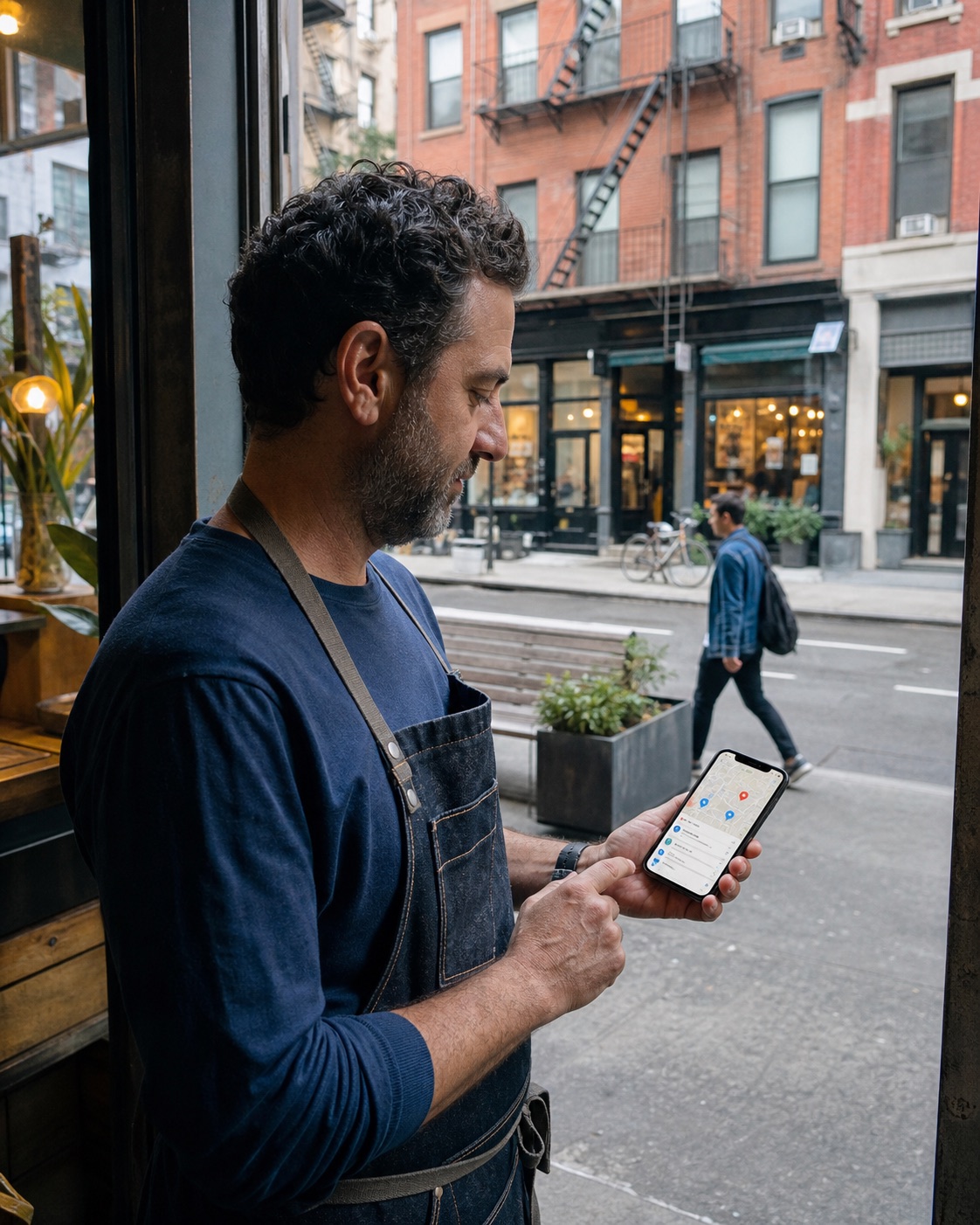 New York storefront owner checking local search visibility on a phone
