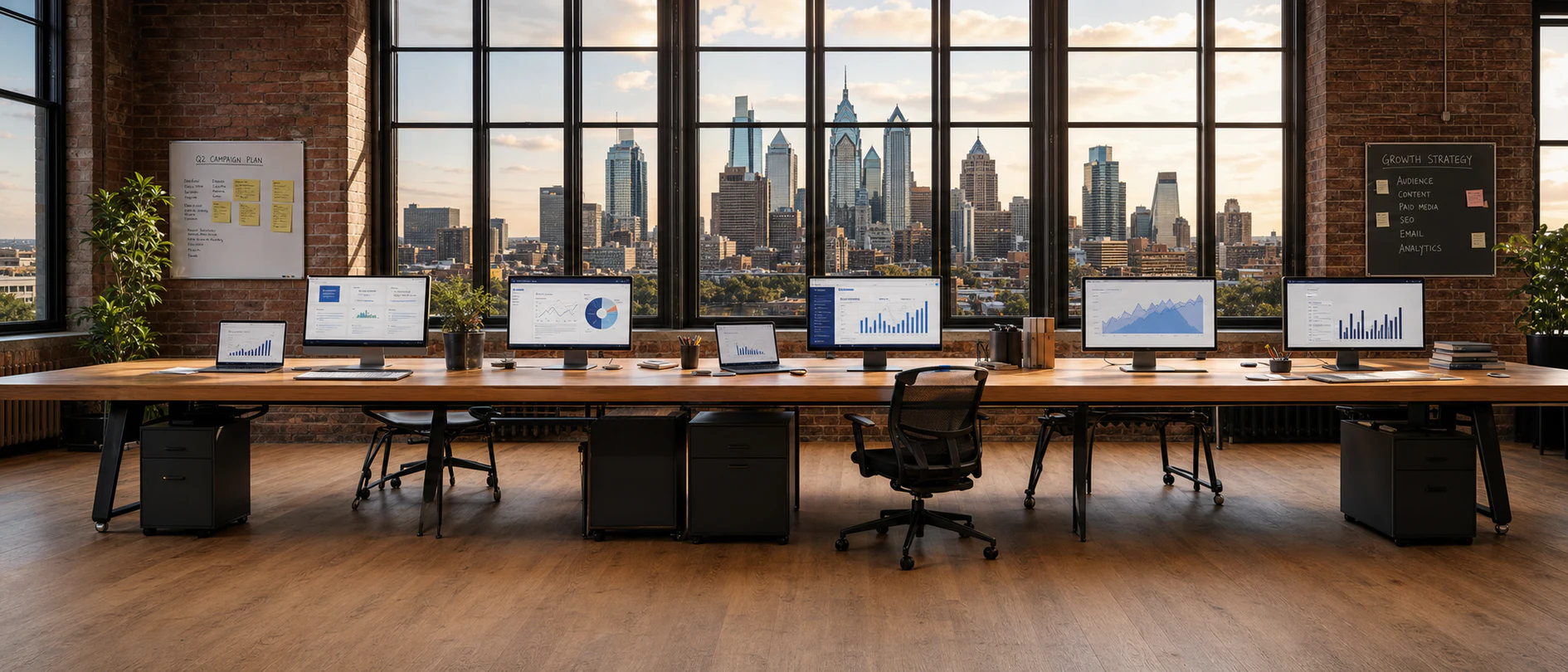 Digital marketing agency workspace overlooking the Philadelphia skyline