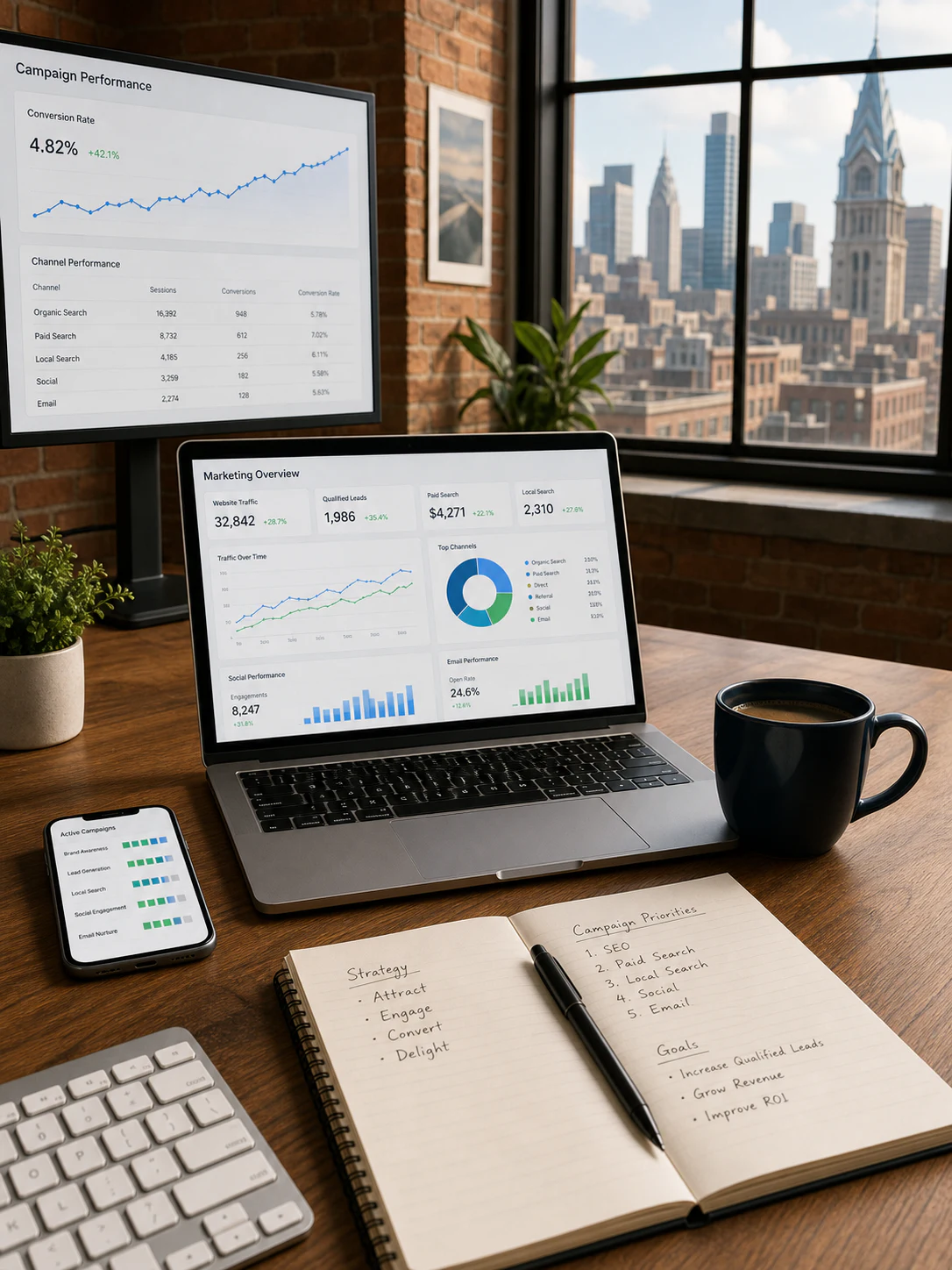 Philadelphia digital marketing workstation displaying multichannel campaign growth