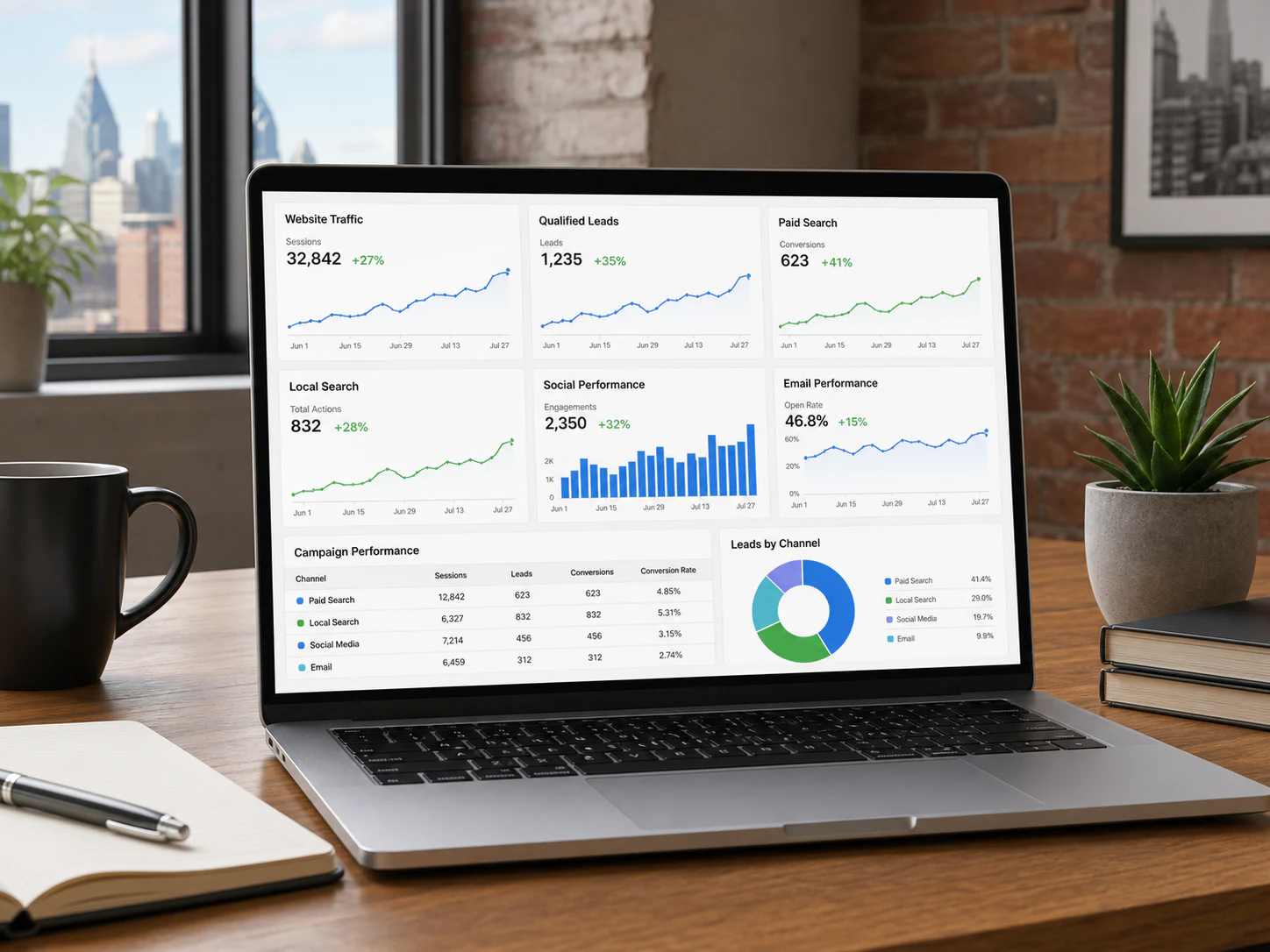 Laptop displaying multichannel marketing traffic and lead growth