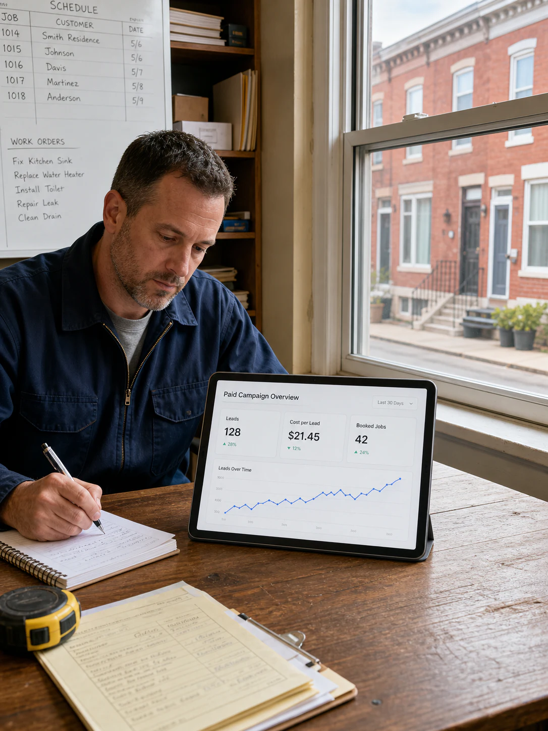 Philadelphia business owner reviewing paid campaign leads and booked jobs