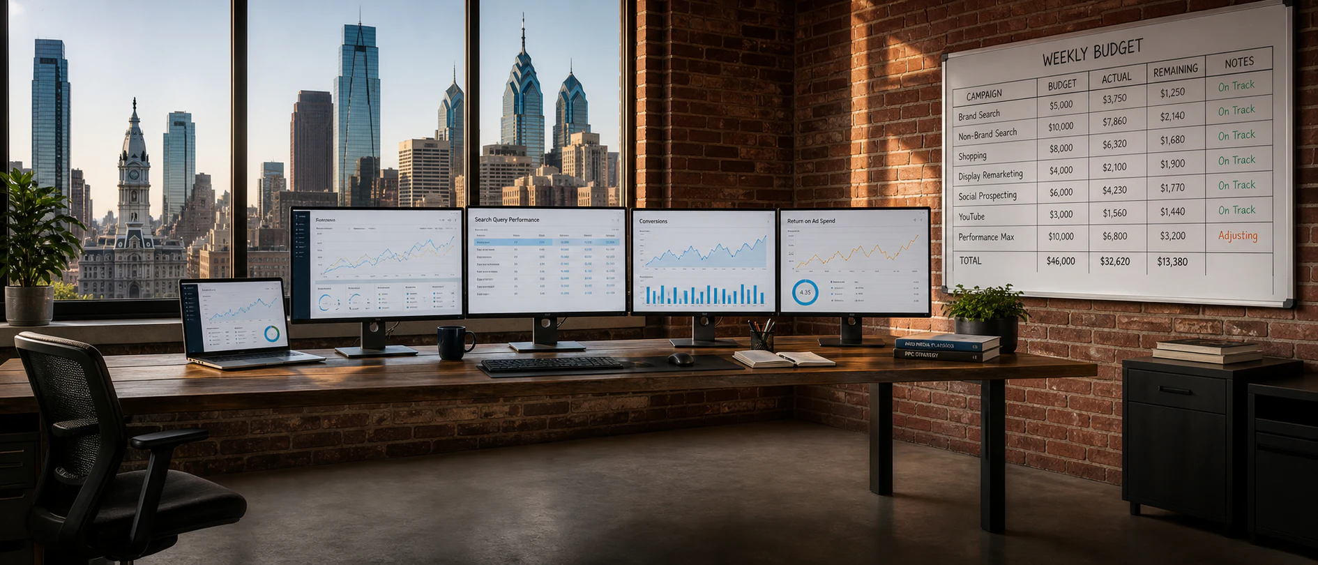 PPC campaign operations workspace overlooking Philadelphia