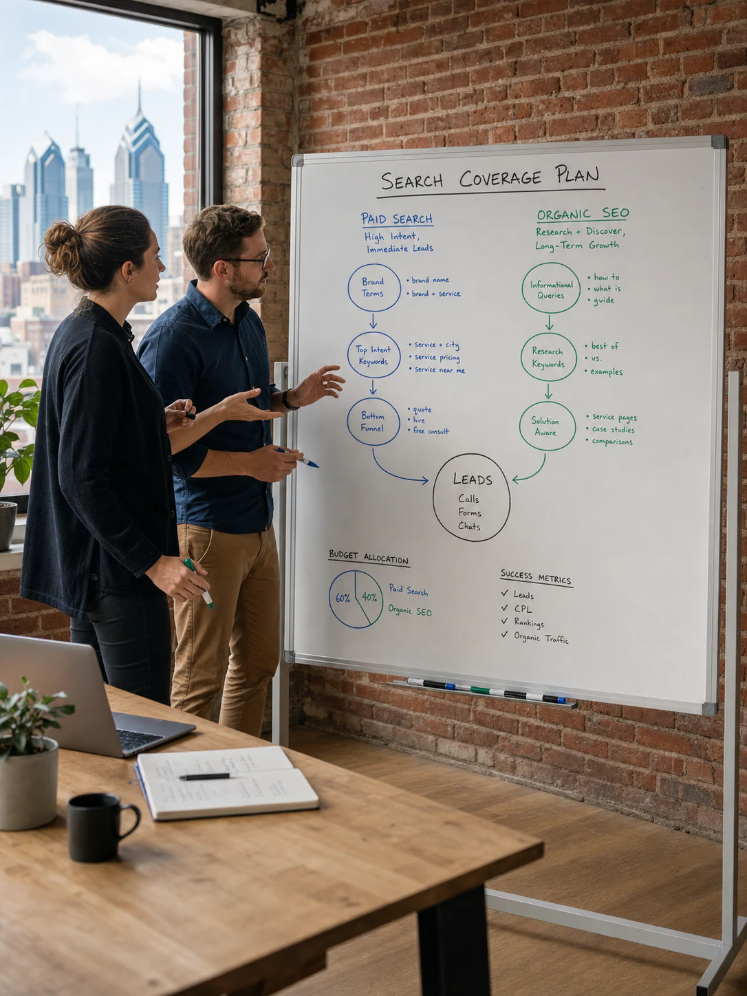 Search marketing team planning paid and organic coverage together