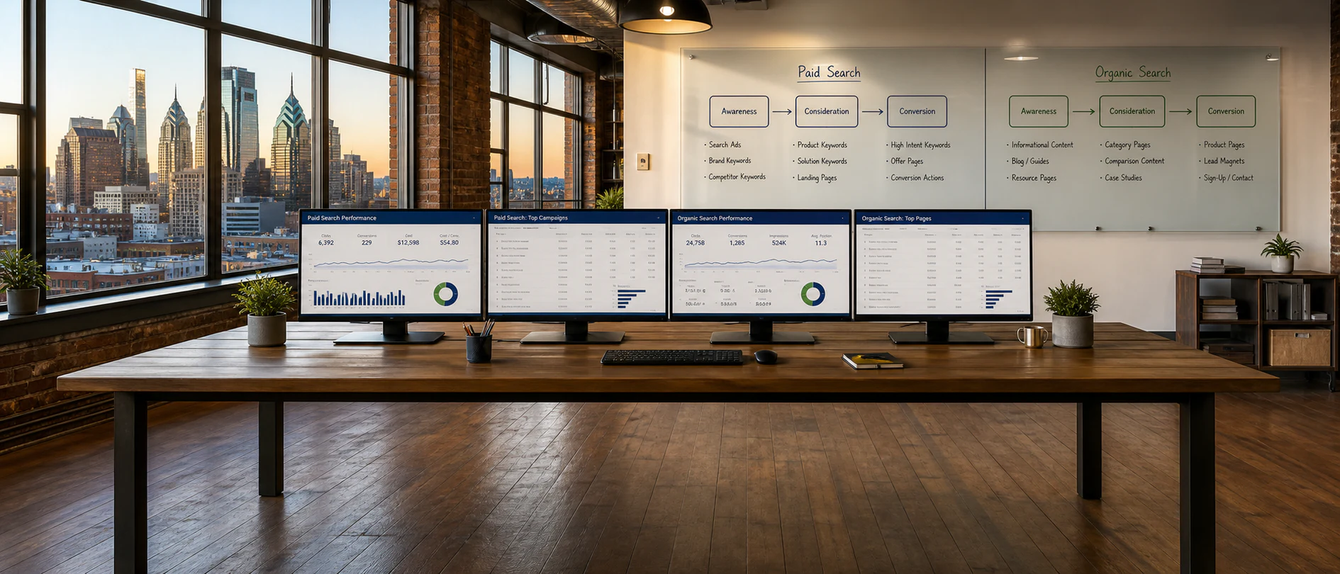 Integrated search marketing workspace overlooking Philadelphia