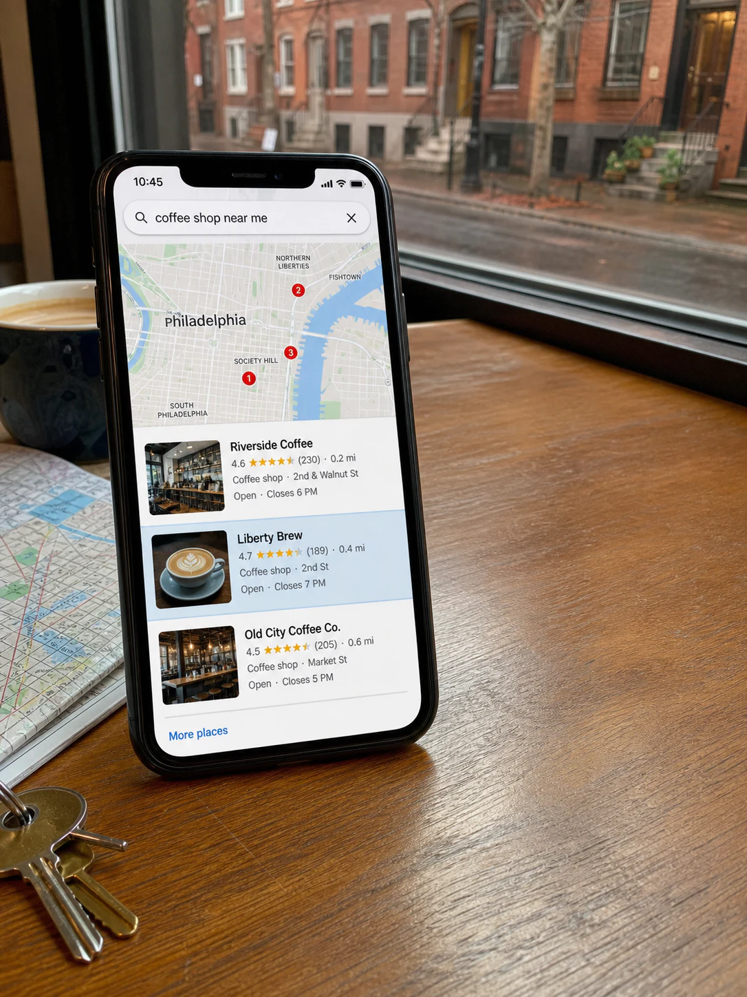 Smartphone showing nearby Philadelphia businesses in local search