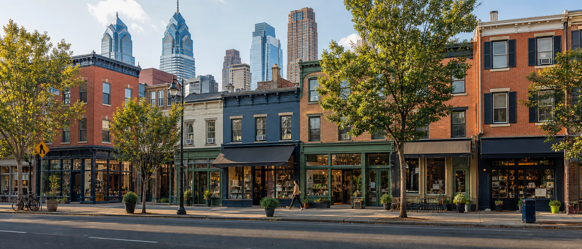 Philadelphia neighborhood corridor lined with independent storefronts