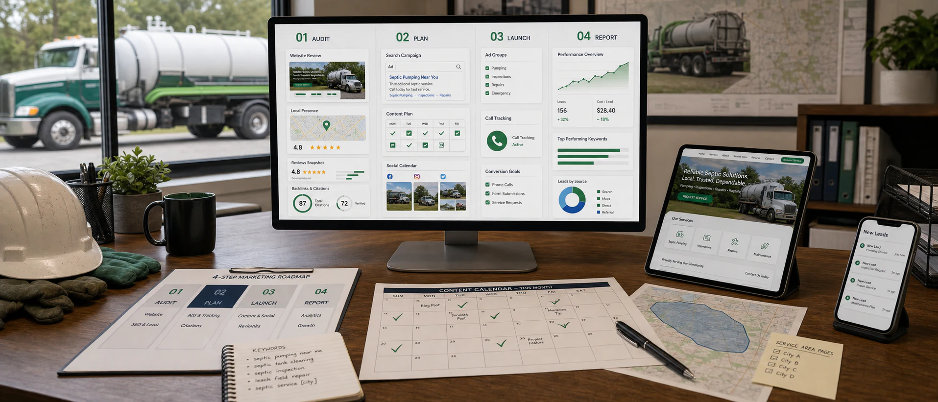 Four-stage digital marketing workflow covering a septic website, local SEO, advertising, content, tracking, and reporting